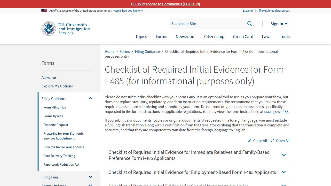 Checklist of Required Initial Evidence for Form I-485 (for ... - USCIS